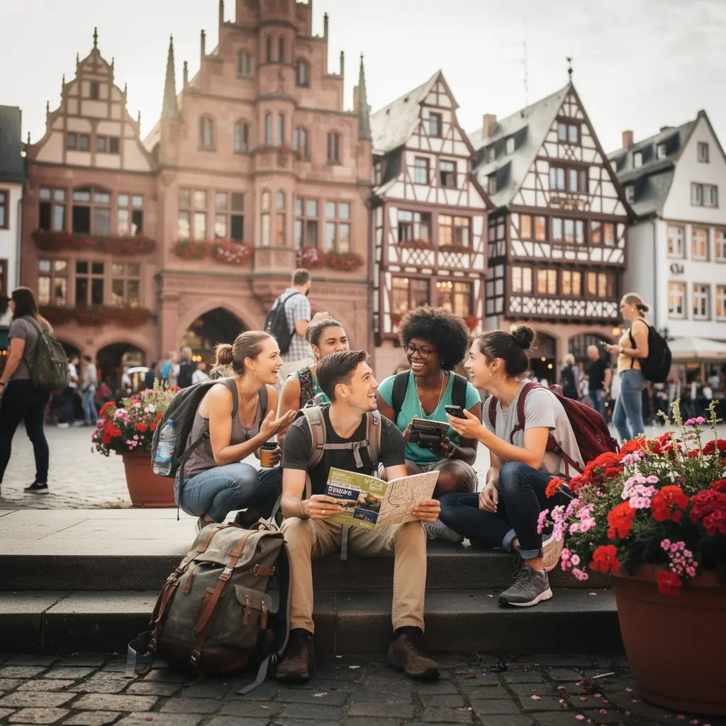 Ein malerischer Blick auf die historische Altstadt von München mit bunten Gebäuden und lebhaften Straßencafés.